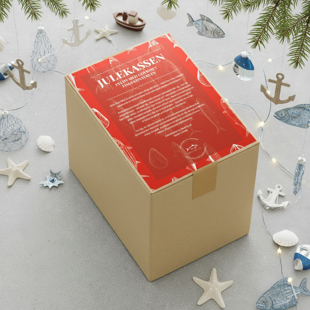 En papkasse fra Grøndals Julekassen 2025 med rød etiket står på en lys flade, omgivet af søstjerner, muslingeskaller, ankerpynt, fiskenet, lyskæder og fyrretræsgrene ovenover.