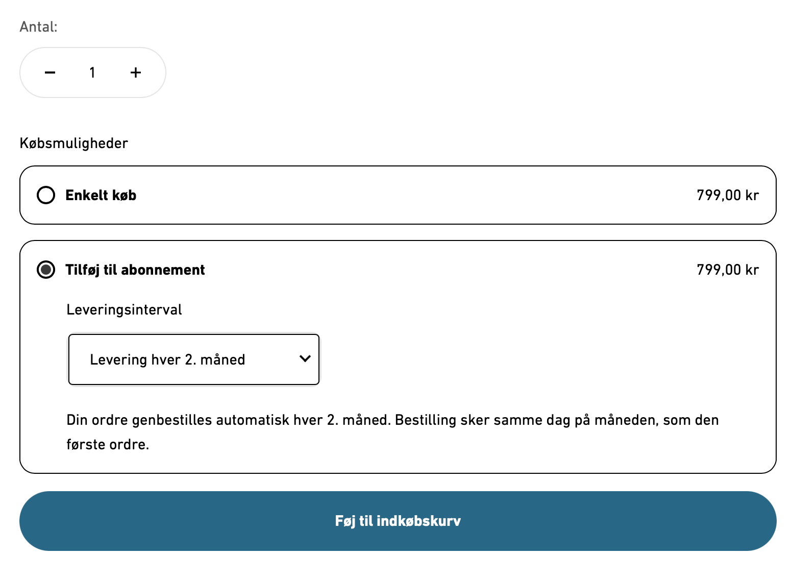 En købsformular på dansk med mulighed for enkeltkøb eller abonnement. Med abonnement kan du vælge levering hver anden måned for 799 kr. En blå knap i bunden siger Føj til indkøbskurv.