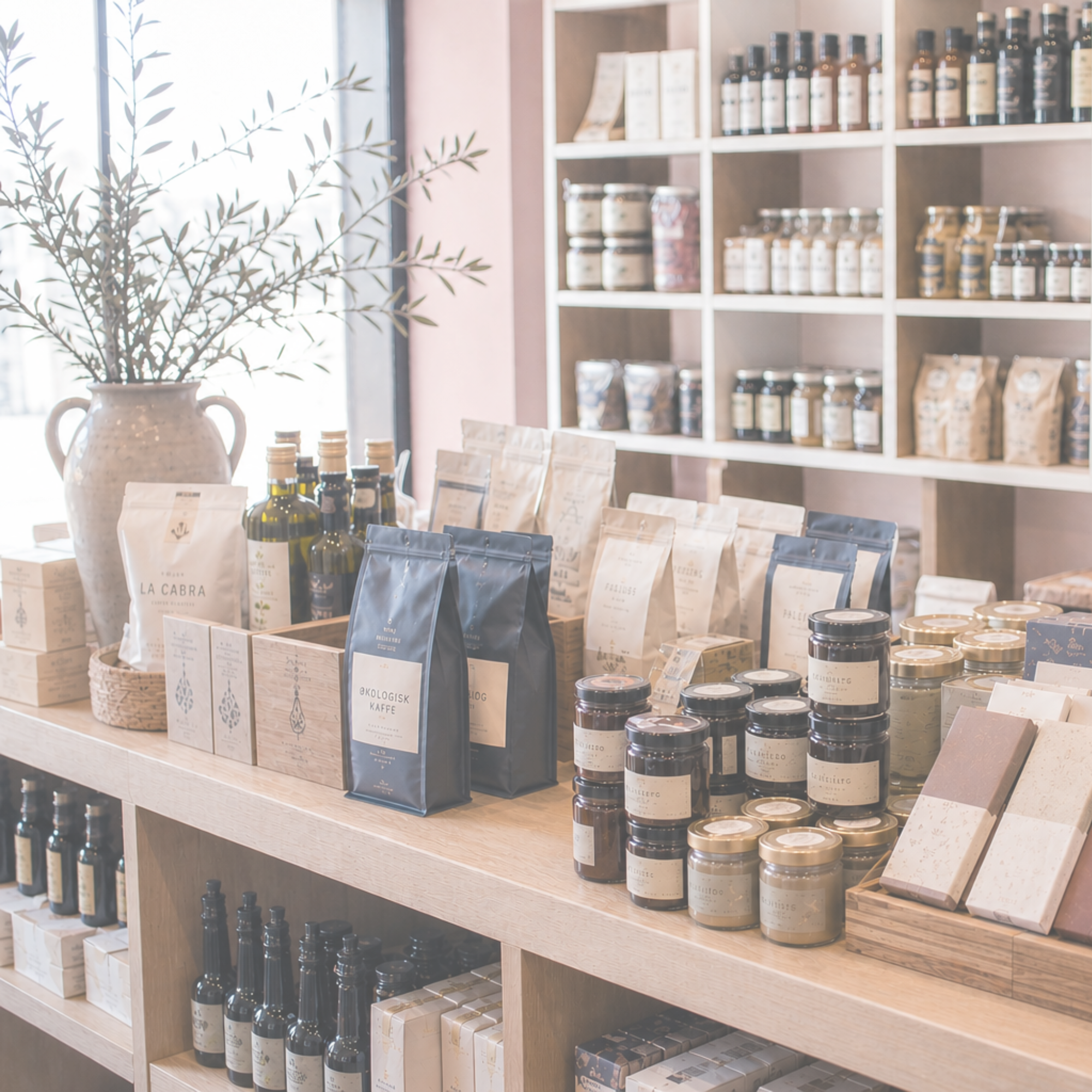 En udstilling af gourmetfødevarer, herunder krukker, kaffeposer, olivenolieflasker og emballerede varer, arrangeret på træhylder og diske i en lys, moderne butik med en stor vase med olivengrene.