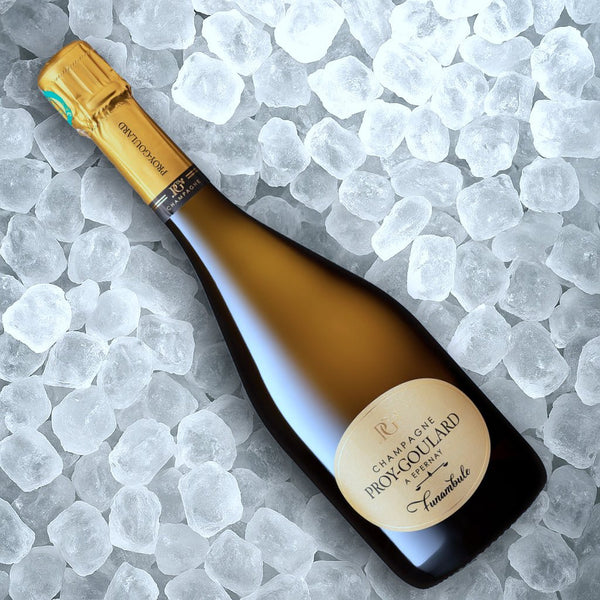 En flaske Champagne Proy-Goulard - Funambule med en hals i guldfolie hviler på en bund af isterninger.