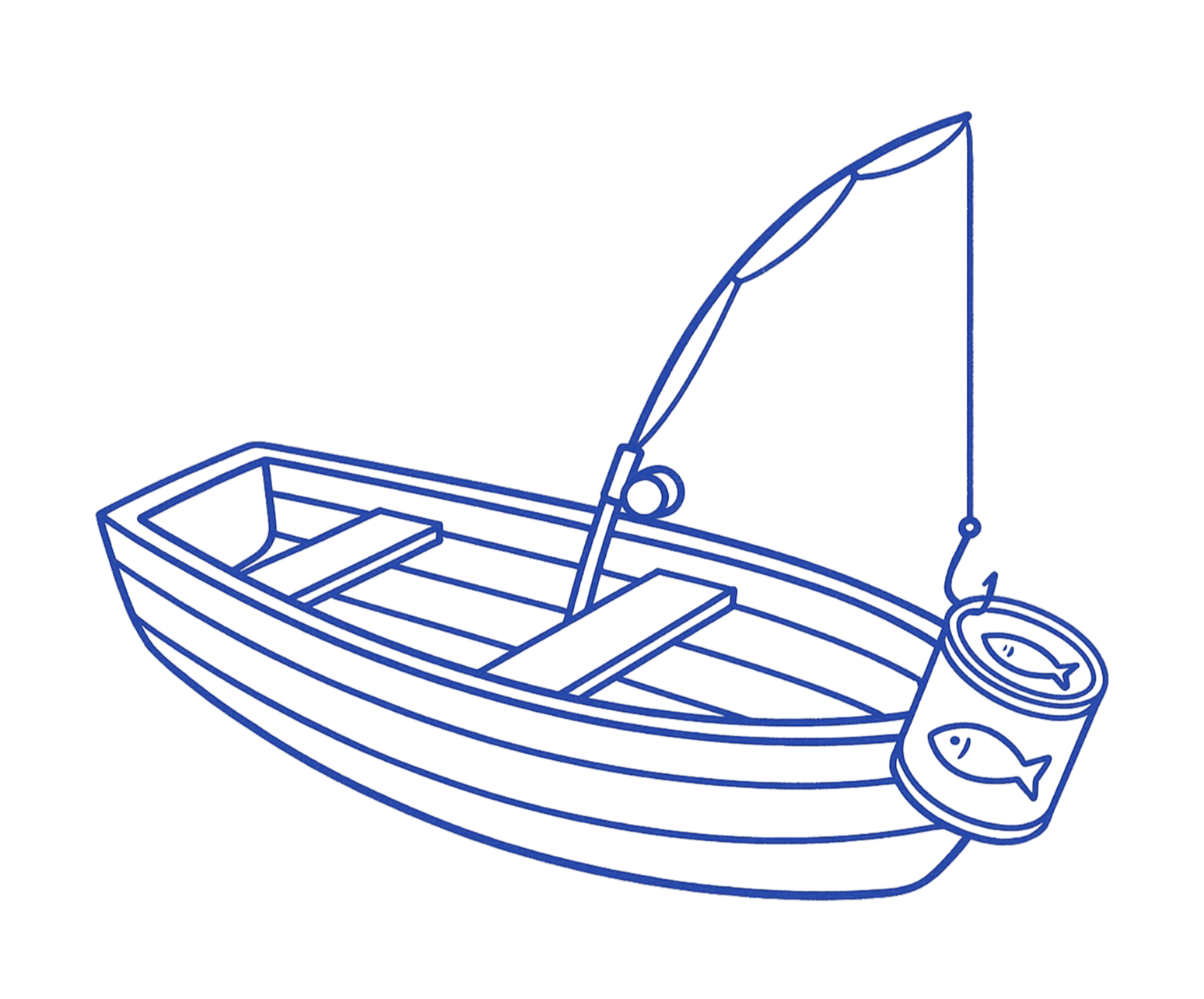 En enkel stregtegning af en robåd med en fiskestang. I stedet for en rigtig fisk hænger der en dåse med fiskebilleder på i linen.