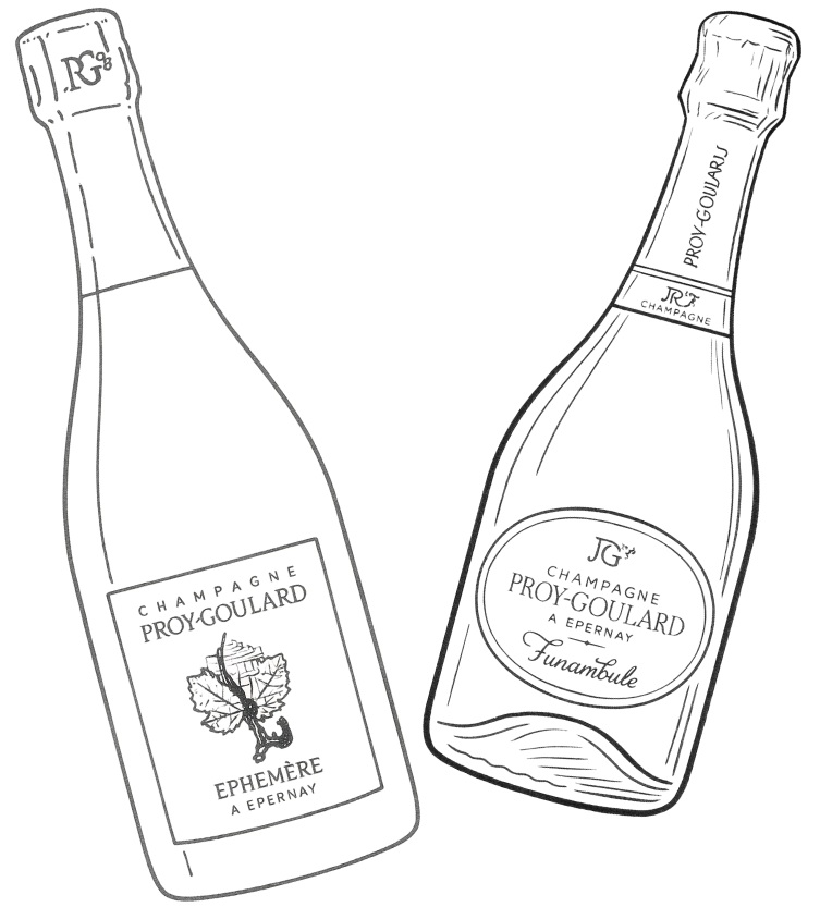 To illustrerede champagneflasker mærket "PROY-GOULARD À EPERNAY"; på den venstre flaske står der "ÉPHÉMÈRE", og på den højre flaske står der "Funambule". Begge viser logoer og dekorative elementer.