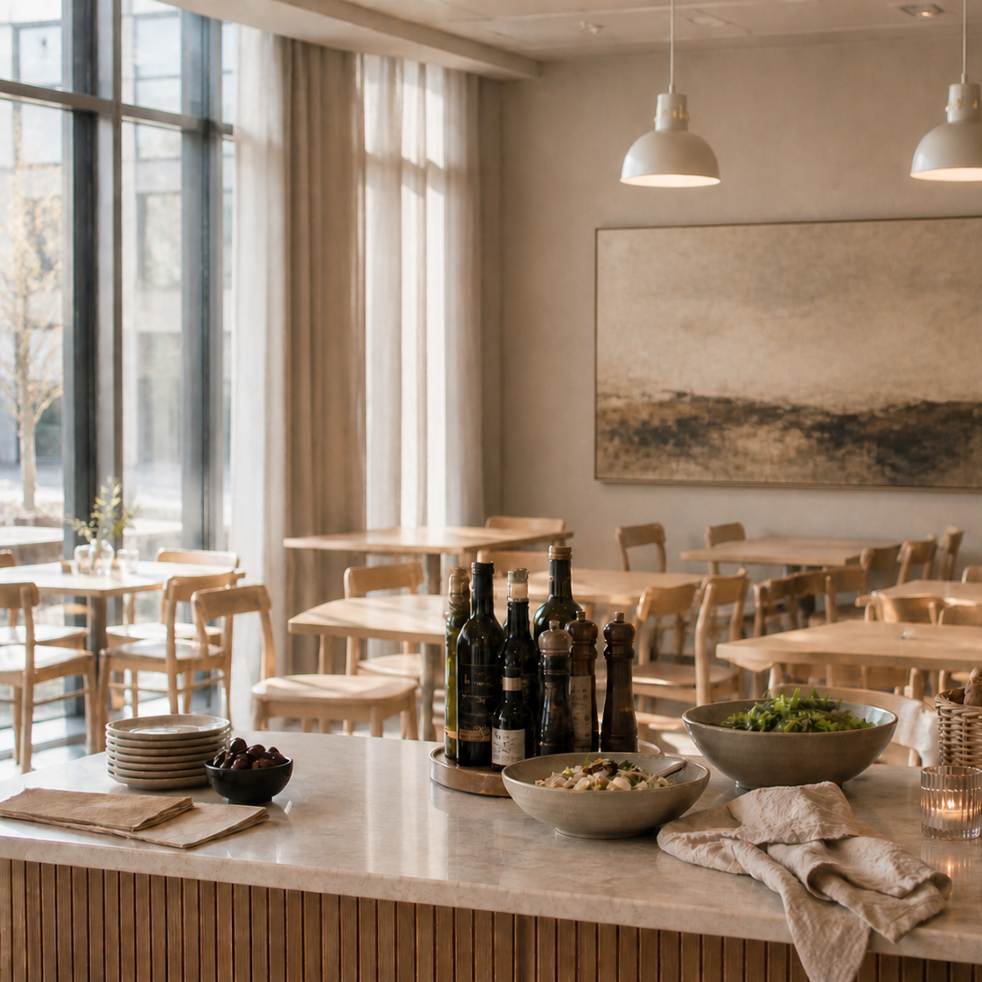 Lyst, moderne spiseområde med træborde og -stole, store vinduer og en bordplade med tallerkener, servietter, flasker og skåle med salat og brød. På bagvæggen hænger et stort landskabsmaleri.