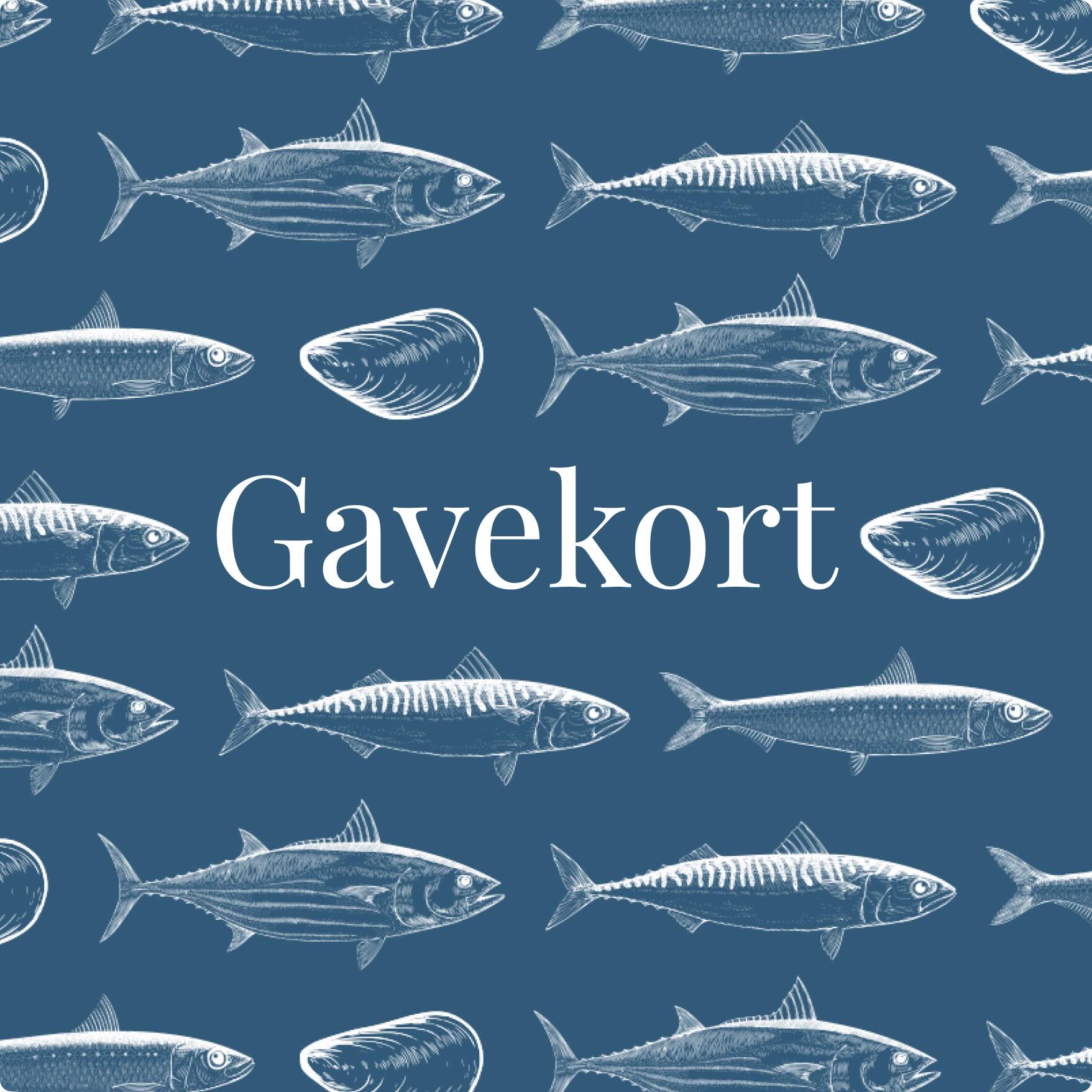 Blå baggrund med hvide illustrationer af fisk og muslingeskaller, "Gavekort til Grøndals" med fede hvide bogstaver - en perfekt gave til dem, der elsker Grøndals bæredygtige dåsefisk eller kvalitets fiskekonserves.