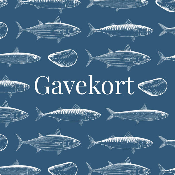 Blå baggrund med hvide illustrationer af fisk og muslingeskaller, "Gavekort til Grøndals" med fede hvide bogstaver - en perfekt gave til dem, der elsker Grøndals bæredygtige dåsefisk eller kvalitets fiskekonserves.
