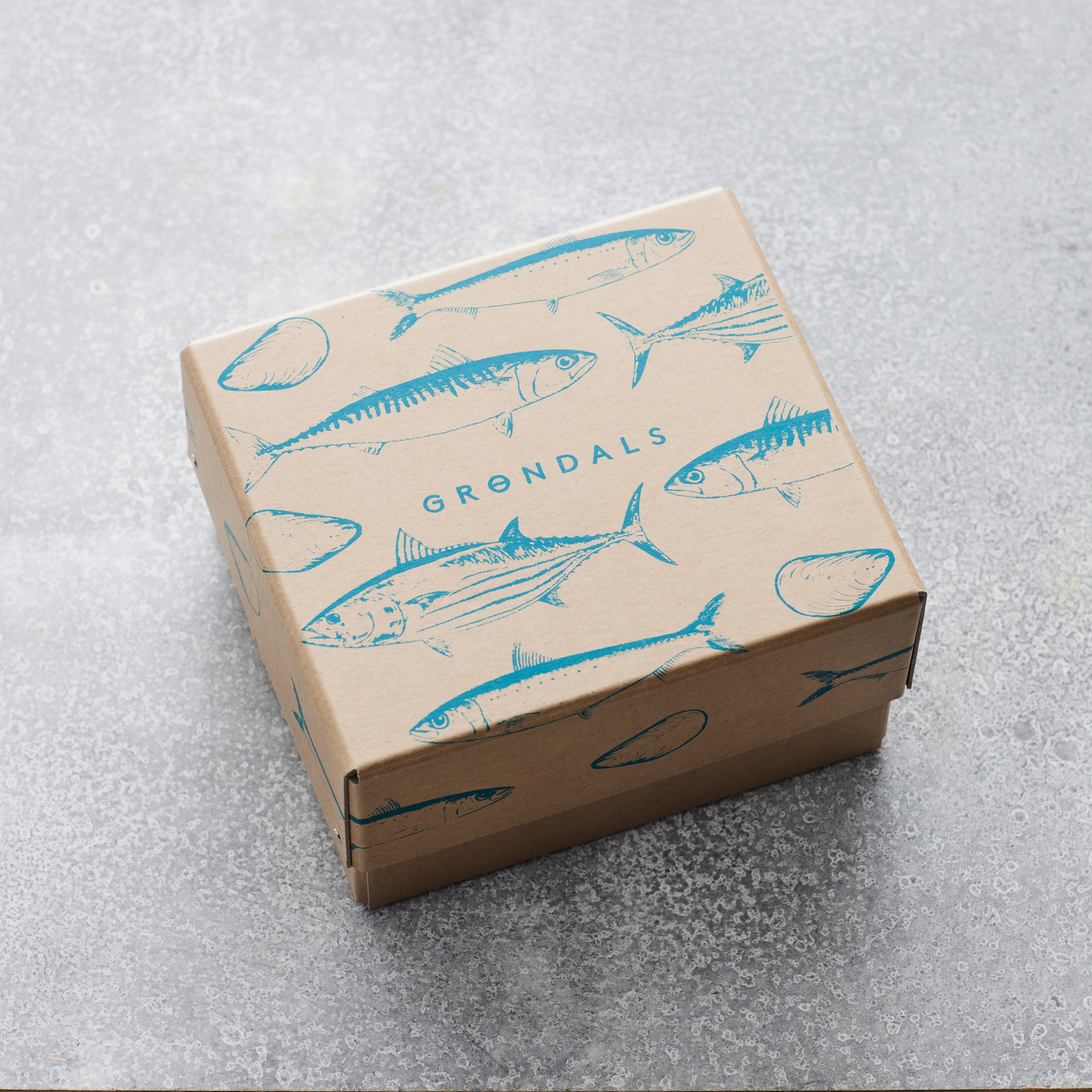 En brun papkasse mærket "Grøndals Smagekasse" med illustrationer af blå fisk og skaldyr samt Grøndals-logoet hviler på en tekstureret grå overflade – hvilket fremhæver brandets fokus på fiskekonservering og bæredygtighed.