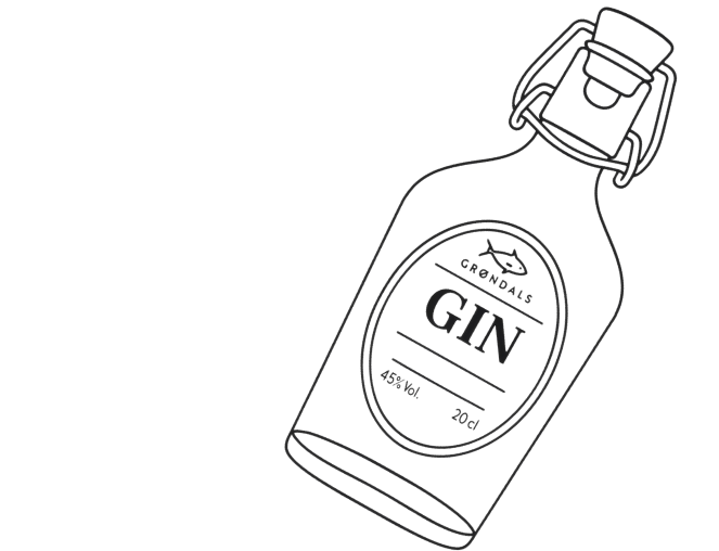 En enkel stregtegning af en flaske med etiketten Grendals Gin med et fiskelogo. Etiketten viser også 45% vol. og 20 cl. Flasken har et svingbart låg og hælder lidt til højre.