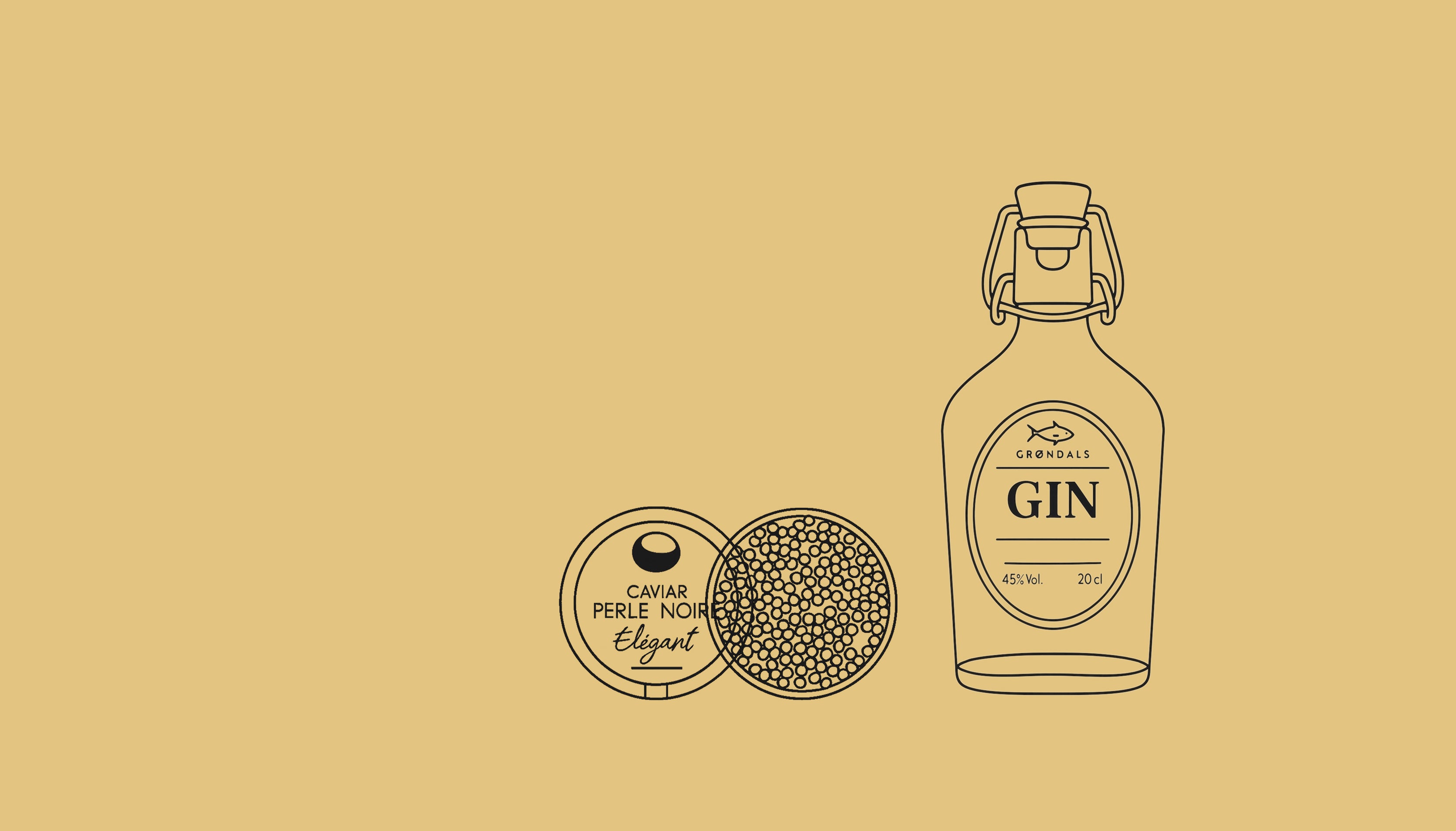 Stregtegning af en forseglet flaske mærket Gin ved siden af en åben dåse med kaviar mærket Caviar Perle Noire Elegant, med synlige kaviarperler indeni, på en beige baggrund.