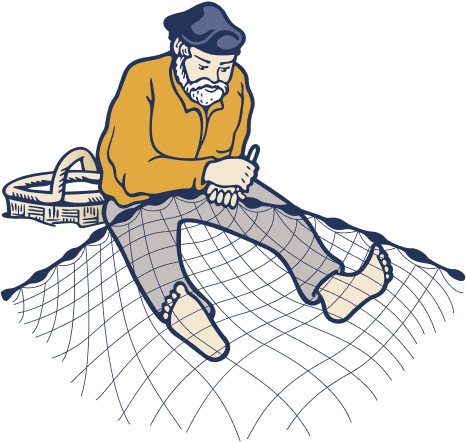 Illustration af en skægget mand med kasket og orange skjorte, der sidder barfodet på et fiskenet, mens han reparerer det, med en kurv ved siden af sig.
