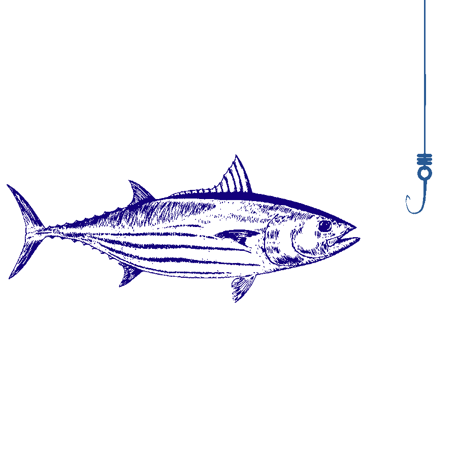 En detaljeret illustration af en fisk, der svømmer mod en fiskekrog, der hænger på en line, på en almindelig baggrund.