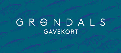 Gavekort til Grøndals er et blåt Grøndals-gavekort med hvid tekst og et diskret fiskemønster, perfekt til at give bæredygtig fisk og skaldyr på dåse fra Grøndals.